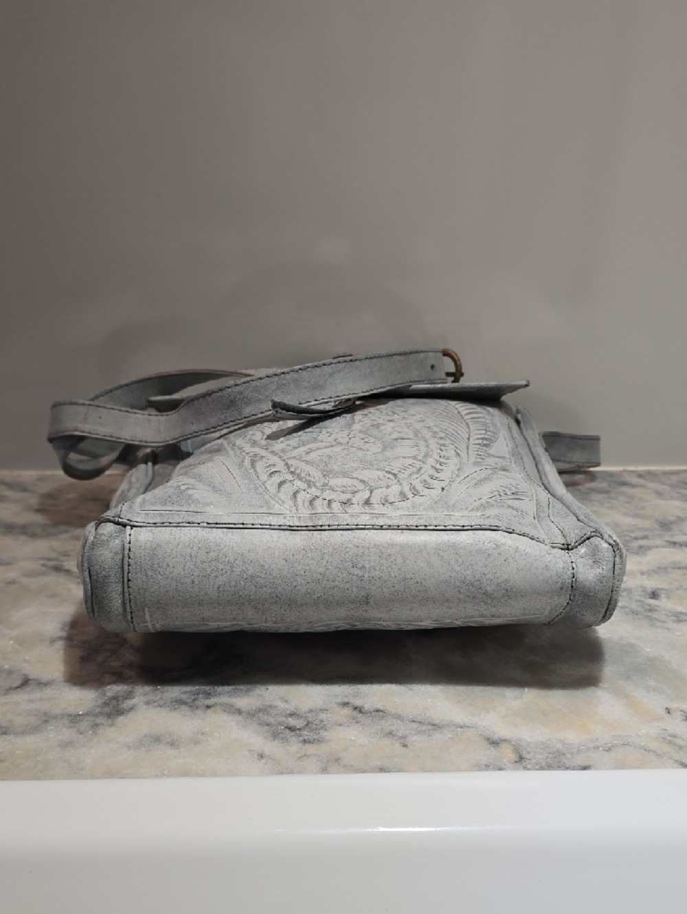 Women's Embossed Leather Crossbody Bag in Light Gray - Picture 12 of 17